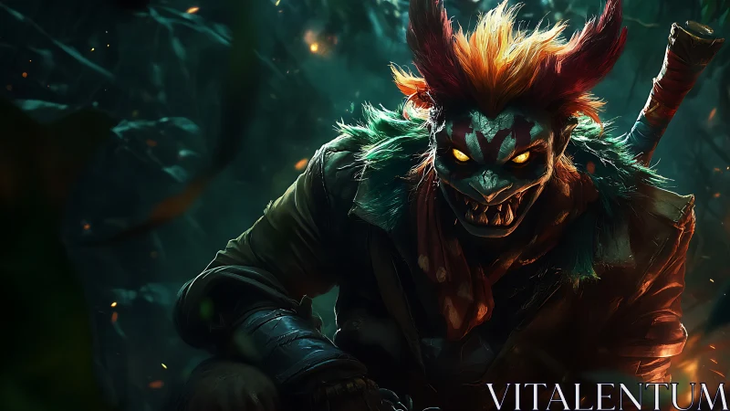 Digital painting of demonic jungle hunter with chromatic lighting.