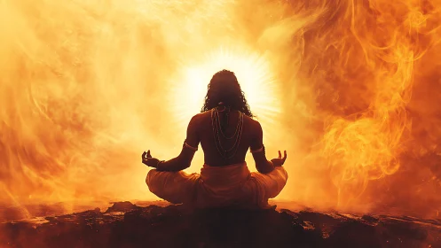 Meditating figure sits before radiant fiery energy vortex