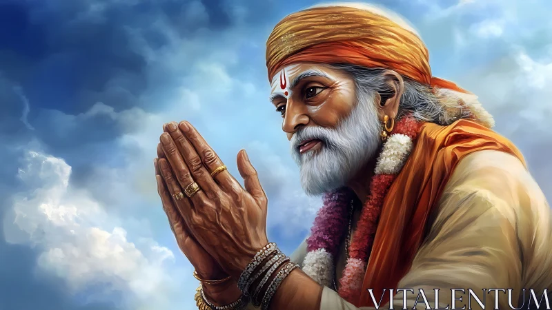 Skybound sage folds weathered hands in luminous prayer