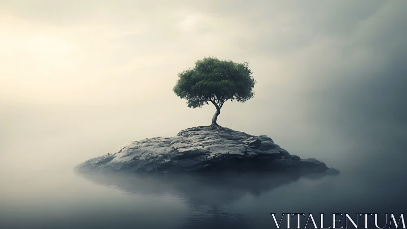 A Solitary Tree Standing Strong on Misty Waters.