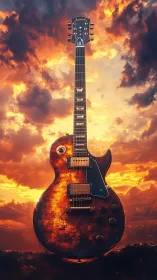 Electric guitar blazing against molten sunset sky.