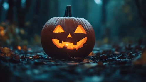 Carved jack o lantern glows on wet forest floor at dusk