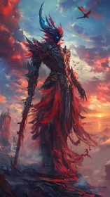 Sunset-clad flame knight standing between storm and sky.