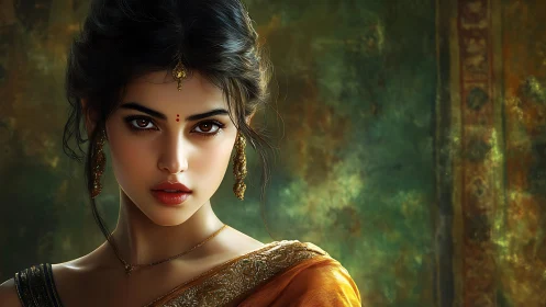 Portrait shows woman in ornate sari with detailed gold jewelry