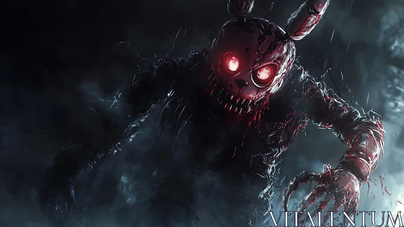 Grotesque humanoid rabbit figure in dark stormy setting.