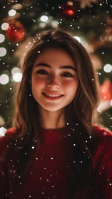 Snowlit smile beneath glowing holiday bokeh confetti.