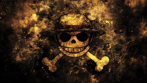 Grunge pirate skull emblem with stylized straw hat motif.
