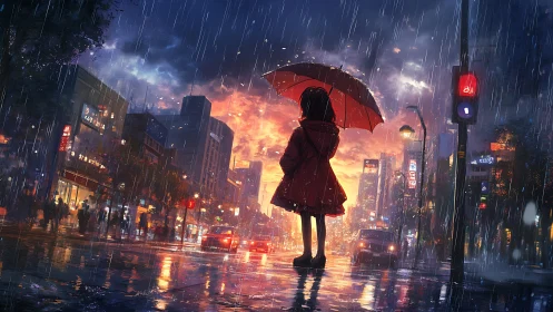 Backlit child under crimson umbrella in neon rain cityscape.