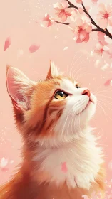 Ginger and White Cat Gazing Upward Among Cherry Blossoms. Digital Illustration.