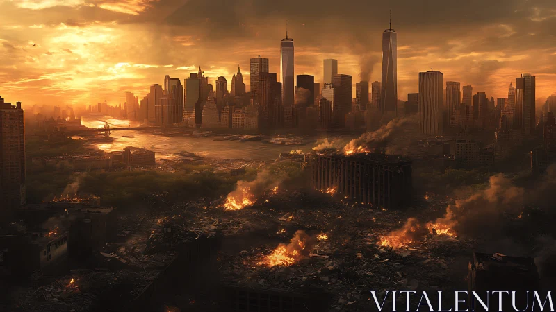 Burning ruins smolder beneath a silent, golden city skyline