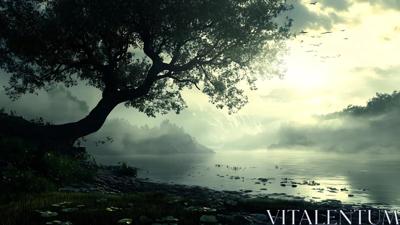 Solitary lakeside tree silhouettes against misty sunrise glow