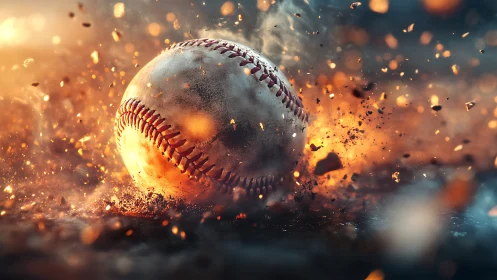 Baseball smashes through glowing embers in explosive motion