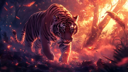 Predatory tiger advances through ember-lit atmospheric forest