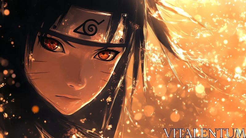 Fiery-eyed ninja bathed in swirling golden embers of dusk.