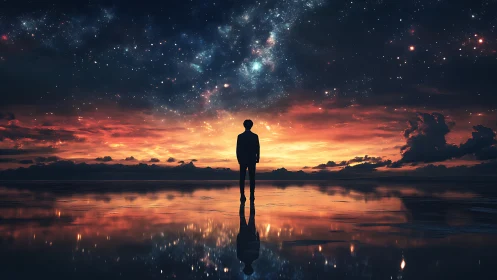 Silhouette on reflective shore under vivid starry sky.