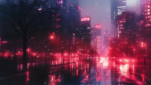 Neon soaked cyberpunk city street under midnight rain.