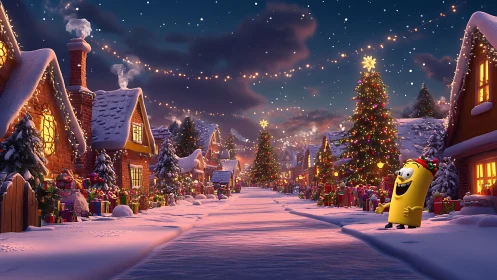 Snow-covered holiday village street with stylized 3D mascot character