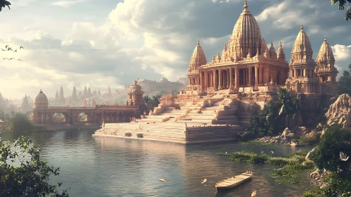 Riverside stone temple complex under partly cloudy sky.