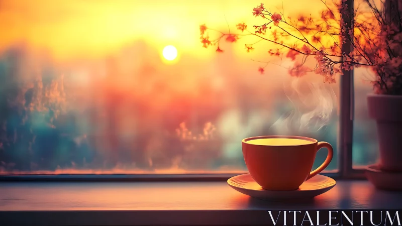 Sunrise steam and pastel skies over a quiet window cup.