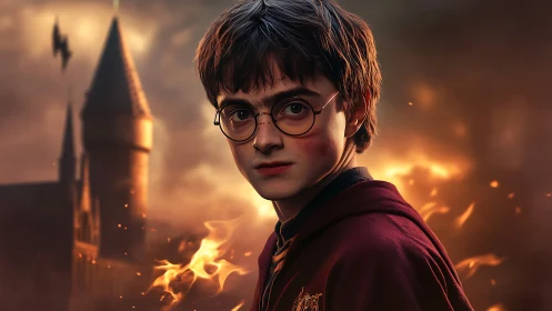 Young wizard portrait before burning castle backdrop.