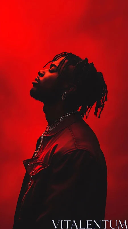 Bold profile portrait glows softly in deep red studio light