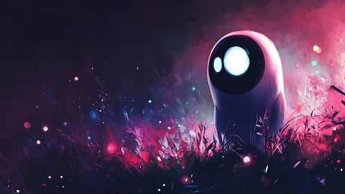 Glowing robot spirit gazes over neon cosmic meadow at dusk.