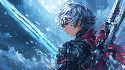 Cyborg warrior scans stormlit sky with energy blade raised