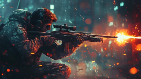 Tactical operative with rifle in combat environment.