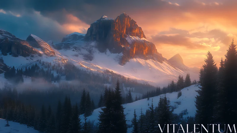 Sunlit peak ignites a misty alpine valley at winter dusk.