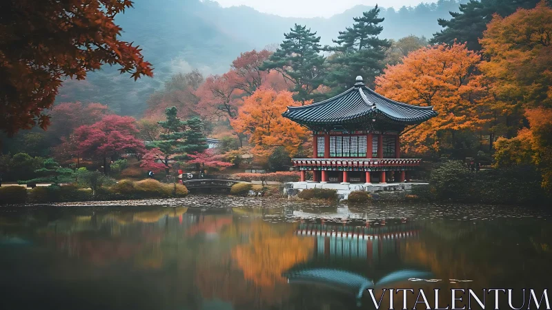 Serene Korean pavilion mirrors autumn colors across still lake