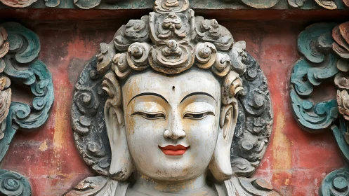 Weathered polychrome Buddha relief reveals serene classical symmetry