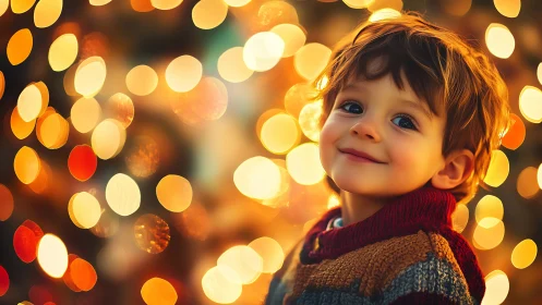 Smiling child glowing softly among golden festive lights.