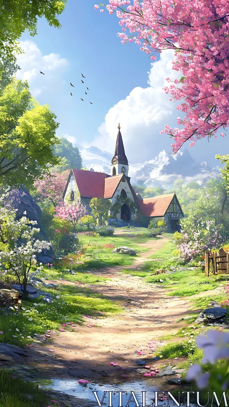 Spring-lit chapel quietly waits where blossom paths wander