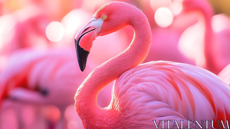 Close-up profile view isolates single pink flamingo subject.