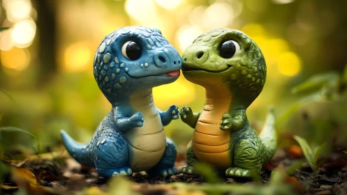 Photorealistic vinyl dinosaur toy duo in shallow forest bokeh