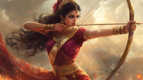 Warrior goddess archer takes aim amid swirling golden embers