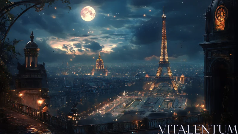 Moonlit Eiffel Tower overlooks a dreamlike, glowing Paris