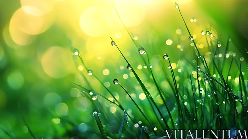 Morning dew turns tiny grass blades into glowing glass wands