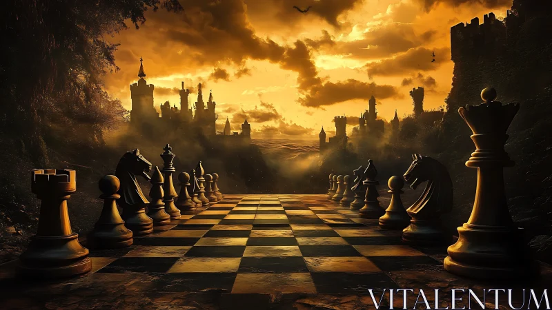 Epic chessboard stretches toward misty fantasy citadels at dusk