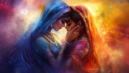 Two figures in ornamental dress positioned closely amid luminous atmospheric effect.