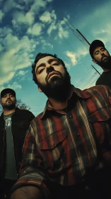 Low-angle trio portrait with dramatic sky and tonal grading.