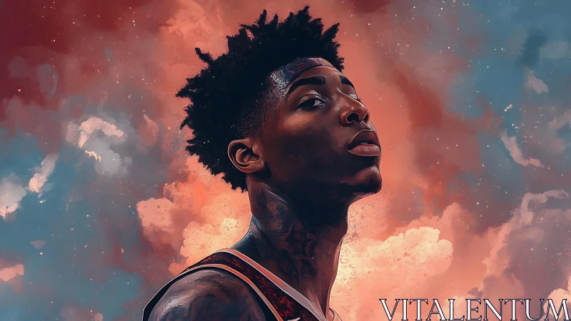 Digital portrait of basketball player against vivid sky.