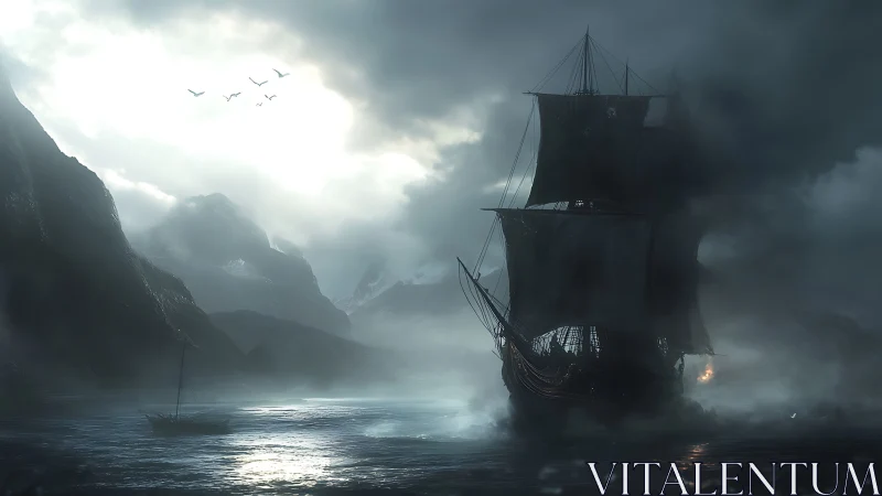 Storm-shrouded galleon advances through misty fjord light