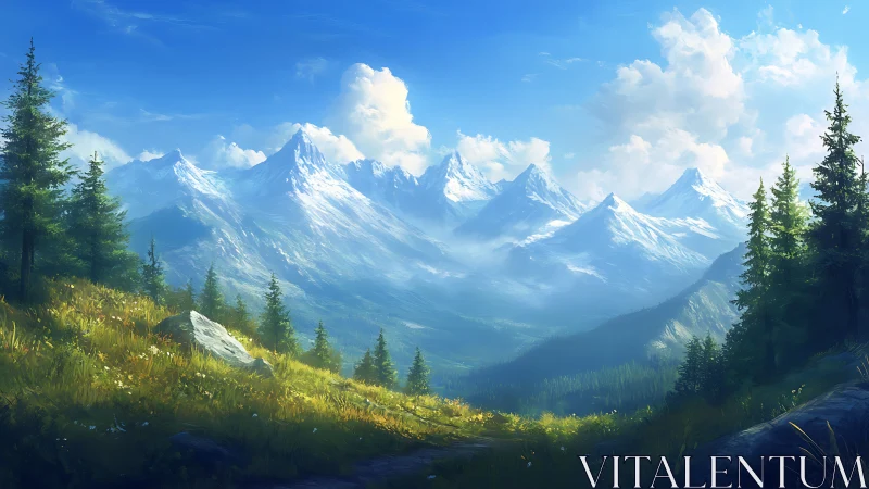 Sunlit alpine meadow opening toward bright snowy peaks.