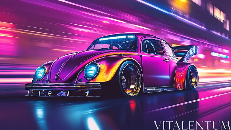 Modified vintage coupe in neon urban motion blur scene.
