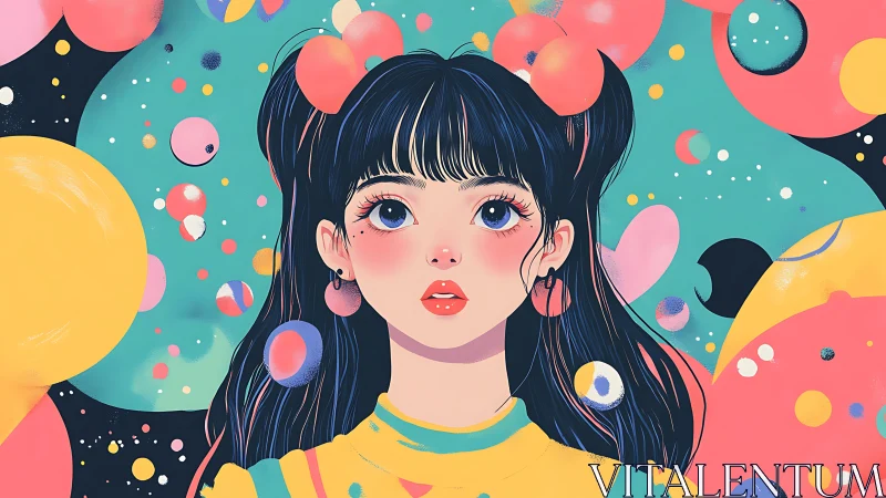 Stylized portrait of girl on abstract colorful backdrop.