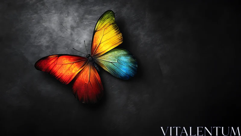 Vivid rainbow butterfly on dark textured background.