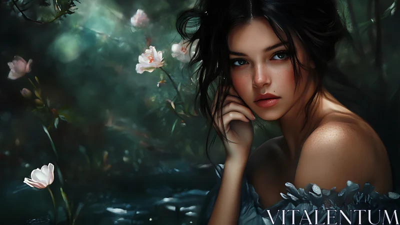 Forest muse in moonlit bloom, wrapped in quiet wonder.