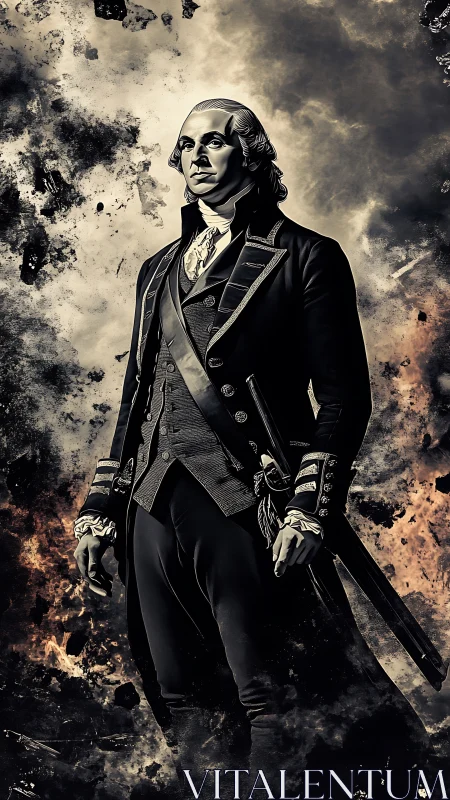 Revolutionary officer stands amid stormy smoke and fire