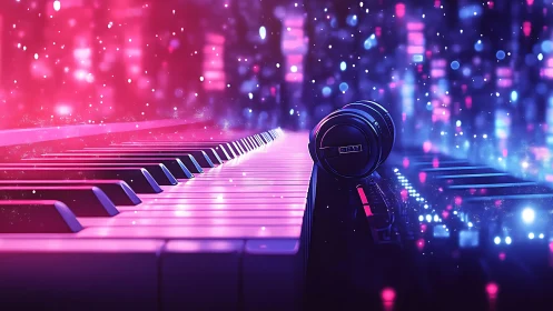Neon keyboard and camera lens in glowing digital studio scene.